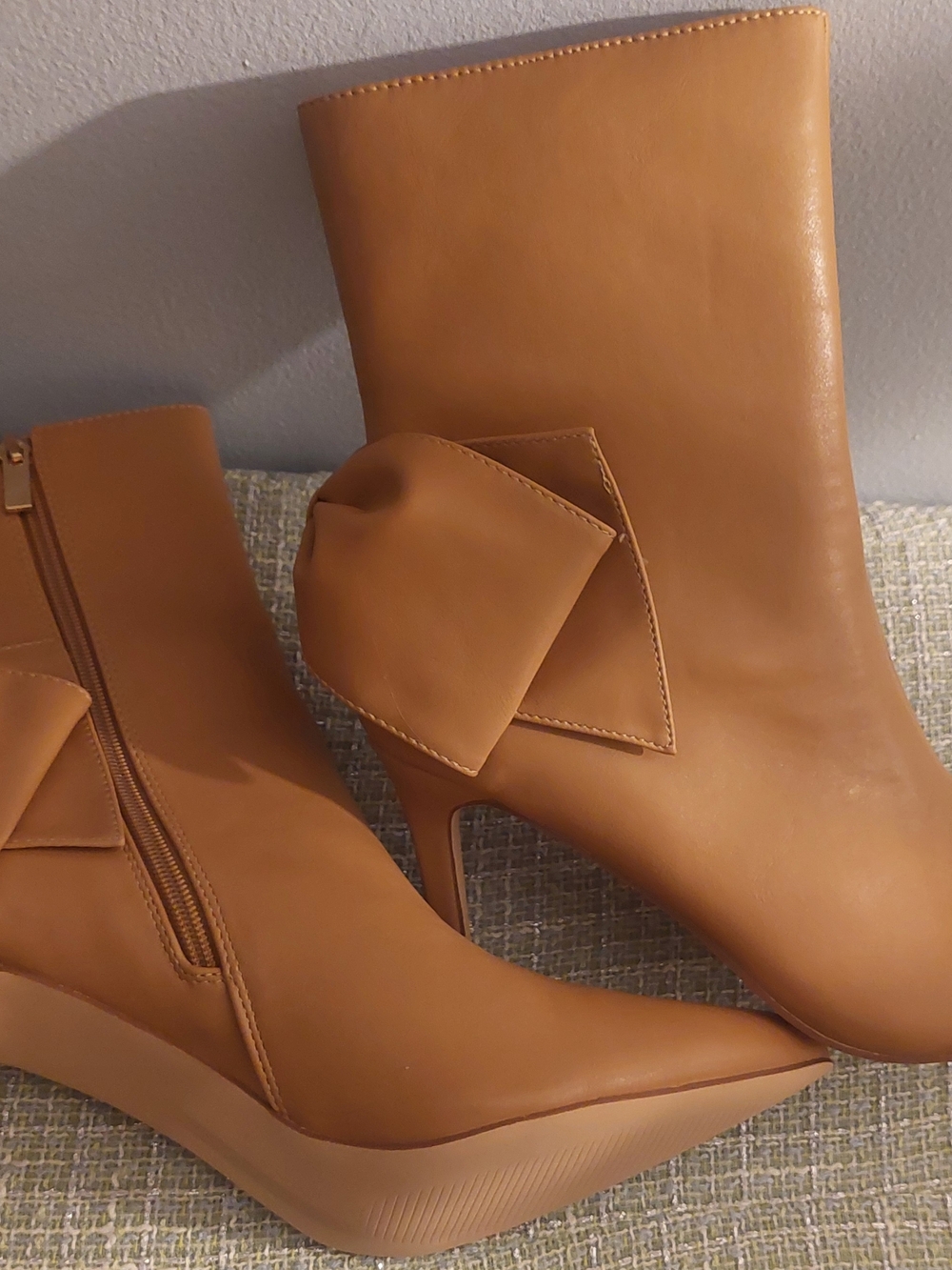 Pointed Toe Mid-Calf Heeled Boots with Decorative Side Bow in Camel - Picture 2 of 6